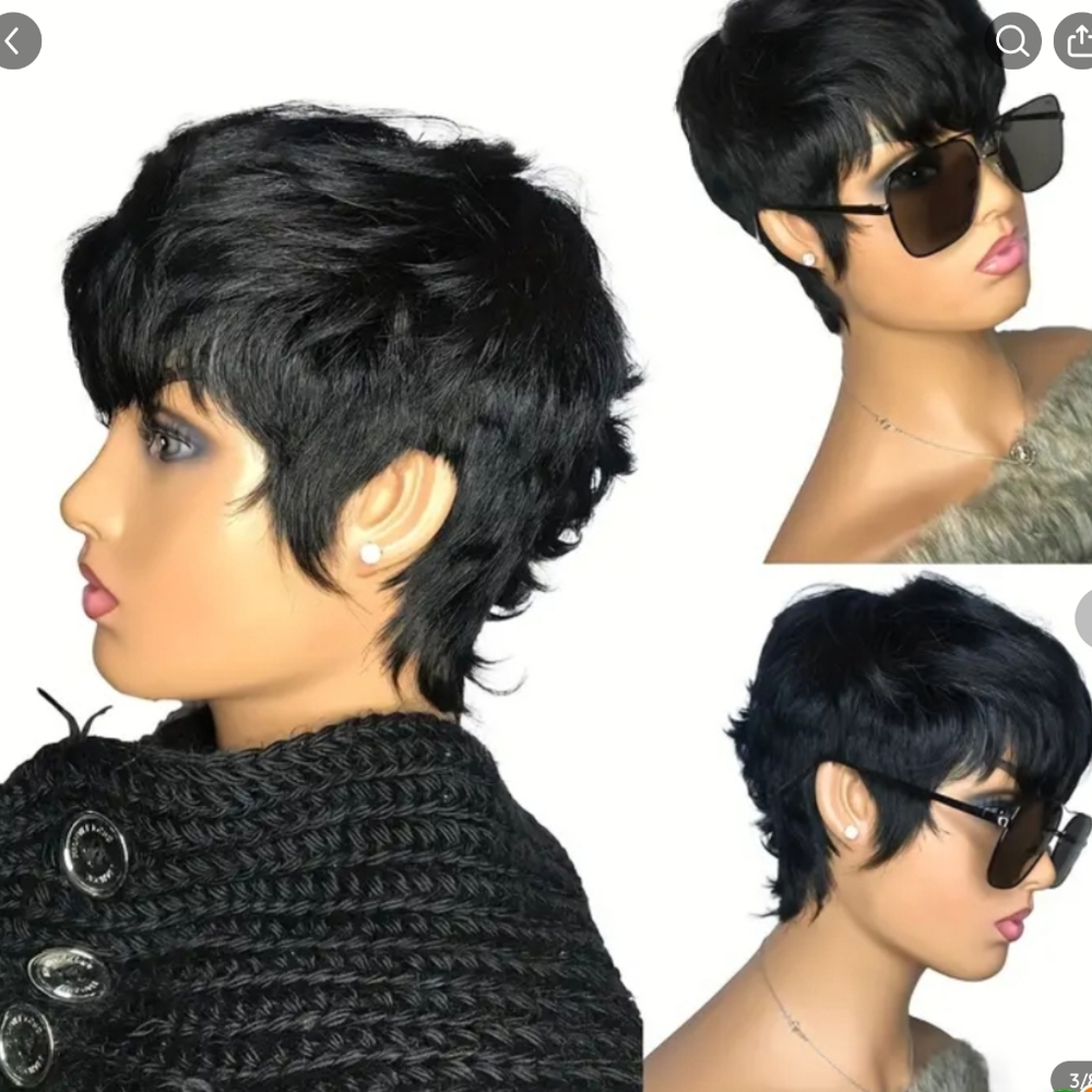 Short Pixie Human Hair Wavy Wigs No Lace Wigs With Bangs For Women Full Machine